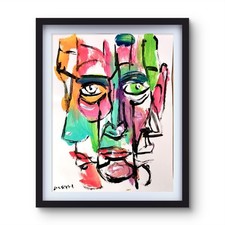 Aleph Original 11x14 Expressionist Abstract Face Portrait Painting Signed Paper picture
