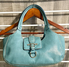 Tignanello Blue Pebbled Satchel Top Handle Zip Buckle Silver Hardware picture