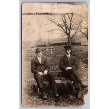 Antique RPPC Real Photo Postcard Two Men Suits Hats Louis Finch Trout Creek NY picture