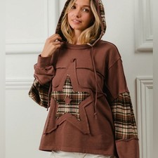 NEW BIBI 5 PLAID AND KNIT MIXED HOODIE TOP Chocolate picture