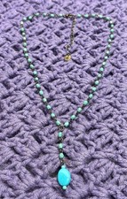 Vintage Claire's Green Blue Beaded Gunmetal Chain Y Necklace 18 - 21 inches Long picture