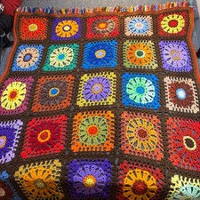 Vintage Handmade Crochet Granny Square Afghan Throw Blanket Fringe Multicolor picture