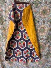Vintage Grandma Flower Garden Cheater Crib Quilt Handmade Blue Yellow 41x31 picture