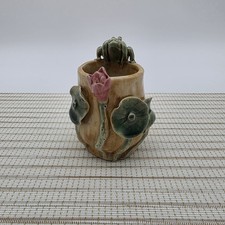 Signed Vintage Majolica Style Frog & Lily Pad Ceramic Vase Planter High Relief picture