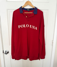 Vintage Polo Ralph Lauren Polo USA Rugby Shirt Mens L Made in USA Red Spellout picture