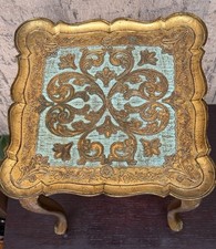 Vtg Italian Florentine Accent Table Features Ornate Gold turquoise Scalloped Top picture