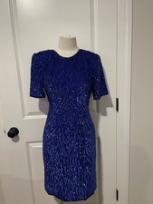 vintage Stenay Royal Blue beaded and sequined silk party dress 1980s Size 10 picture