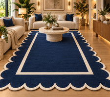 Hand Tufted Navy Blue Wool Rug Scalloped Border Ivory Modern Luxury Area Carpet picture