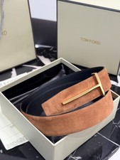 Tom Ford T Buckle Suede Leather Belt 4.0cm Brown Suede Waist Strap 100cm picture