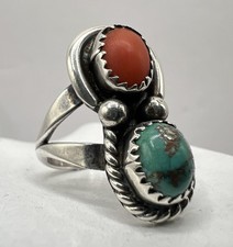 Vintage Navajo Alfred Long Sterling Silver Turquoise Spiny Oyster Ring picture