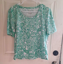 Talbots Women's L Green/White Paisley Scoop Neck Short Sleeve Knit Stretch Tee picture