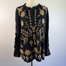 Johnny Was Georgina Raw Seam Black Tan Embroidery Boho Henley Shirt M picture
