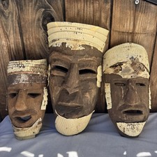 VINTAGE OAXACA HUAVE MEXICO HAND CARVED WOOD FACE  MASK TRIO TRIBAL CEREMONIAL picture