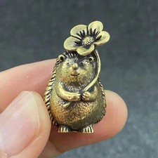 1pc Brass Hedgehog Figurine With Leaf Flower Cute Vintage Desktop Bookshelf Deco picture