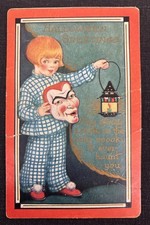 Vintage Halloween Greetings Postcard Whitney Made Girl With Mask Candle Lantern picture