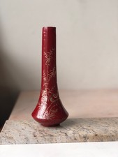 Elegant Red Lacquer Vintage Japanese Bud / Flower Vase w/ Bird & Bamboo Design picture