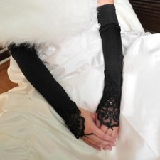 Women Long Wedding Lace Satin Black Bride Gloves Fingerless Party Bridal Dress picture