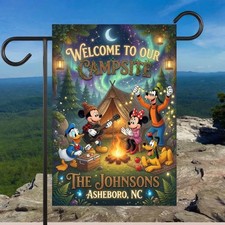 Personalized Disney Campsite Garden Flag, Custom Family Camping Welcome Yard Dec picture