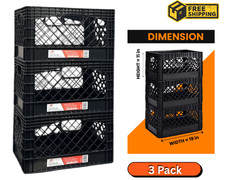 24QT Milk Crate 3 Pack Heavy Duty Stackable Storage Bin Plastic Black picture