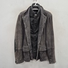 AllSaints Survey Leather Blazer Jacket Size M Grey Elbow Patches Wool Lined picture