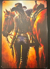 (A1356) Western Cowgirl & Horse Metal Sign Multicolor,  picture