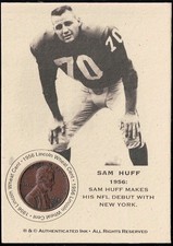 SAM HUFF - 1956 Lincoln Wheat CENT Football Coin Card - NEW YORK GIANTS picture