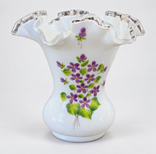 Fenton Silver Crest Violets in Snow Vase Signed George S Marked 6.5” picture
