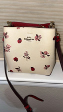 Coach Ladybug Floral Print Zip Crossbody Bag Ivory/Red w/ Strap, Red Lining picture