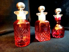 3 Original Vintage Cranberry Glass Etched Decantor/Perfume Bottles with Silver picture