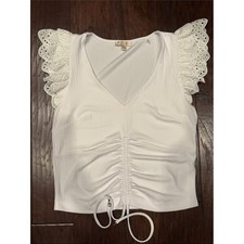 Guess Top  White Woman's XL Eyelet Ruffle Sleeve Ruched V-Neck picture