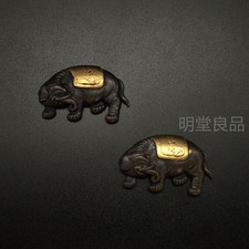 Japanese Menuki Pair Elephant Sword Fittings Copper Gold Silver Plate MS126 picture