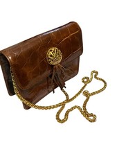 Kenar Genuine Leather Alligator Embossed Brown Mini Crossbody Gold Chain Bag 7X6 picture