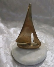 Vintage MCM Solid Brass Sailboat on Carrera Marble Paperweight   3.5 Inches picture