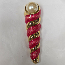 Vintage Signed Guy Laroche Gold Tone Pink Enamel Spiral Brooch Faux Pearl picture