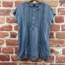 J Jill Top Womens Small Blue Chambray Denim Distressed Fringe Trim Casual Shirt picture