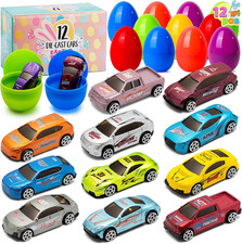 JOYIN 12 Pcs Die-Cast Car Filled Big Easter Eggs, Bright Colorful Prefilled Plas picture
