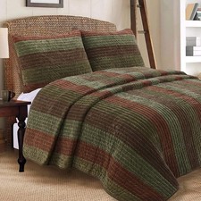 Queen Quilt Set Bedding Rustic Mountain Cabin Lodge Farm Brown Green Stripe 3pc picture