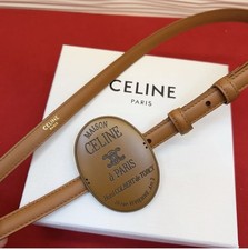Women's Celin*e 1.3cm/0.51in Brawn Leather Belt Brown retro oval badge buckle picture