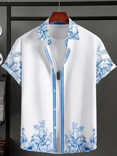 Button Down Shirt Men Summer Hawaiian Vintage Floral Mens Short Sleeve Shirt picture