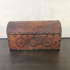Vintage Spanish Revival Dome-Top Leather-Wrapped Studded Wooden Chest / Box picture