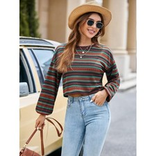 ZAFUL Women Orange Teal Geometric Fair Isle Print Cropped Long Sleeve Top Small picture