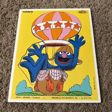 Vintage 1979 Playskool Sesame Street Grover Wooden Tray Puzzle Hot Air Balloon picture