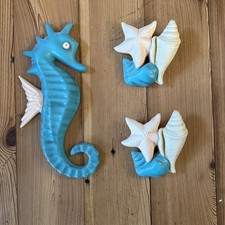 Vtg Hand painted Ceramic Seahorse Wall Hanger Nautical 2 Shell Wall Pockets Set picture