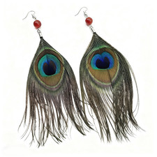 Boho Peacock Feather Dangle Earrings Bead Options Silver Tone 1 Pair YX102207 picture