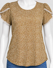 SHEIN Women’s Beige/White print Woven Round Neck Pom-Pom Blouse Large picture