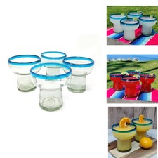 Dos Sueños Set of 4 Stemless Aqua Rim Margarita Glasses 14oz picture