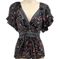 Francesca's Mi Ami Twist Front Keyhole Boho Top Black Floral Rayon Sz L NWT picture