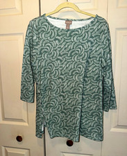 Chico's Women’s M Green White Geometric Knit 3/4 Sleeve Round Neck Top size 1 picture