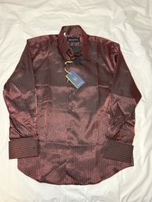 Mens Manzini Dress Shirt Burgundy Black Stripe Sheen French Cuff Link Button Up picture