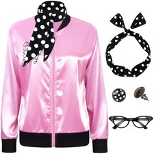 SOMSOC 5 Pieces 1950s Women Pink Satin Jacket with Polka Dot Large, picture